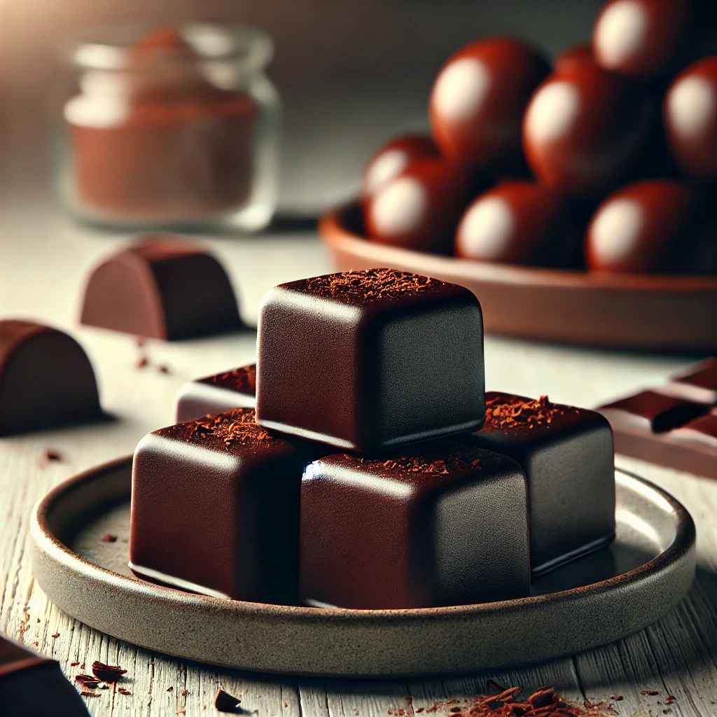 Dark, rich keto chocolate fat bombs shaped into bite-sized squares on a small plate with more fat bombs blurred in the background.